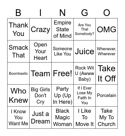 Single Name Artists Bingo Card
