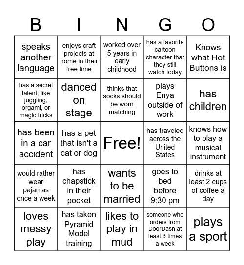 get to know you Bingo Card