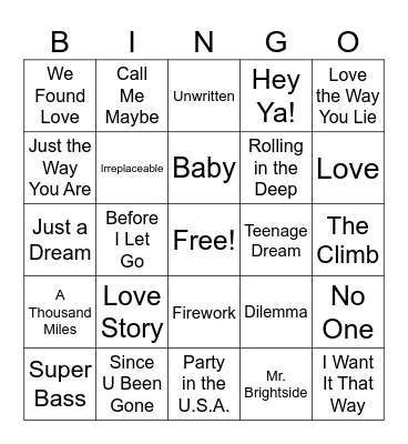 Sing Along Playlist Bingo Card