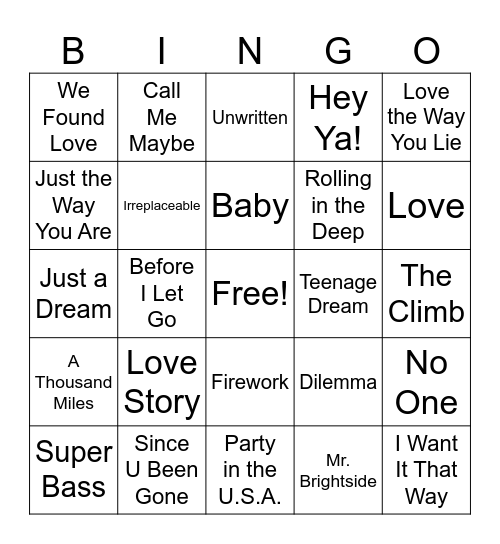 Sing Along Playlist Bingo Card