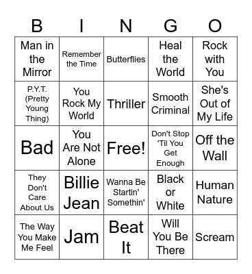 Michael Jackson Bingo Card