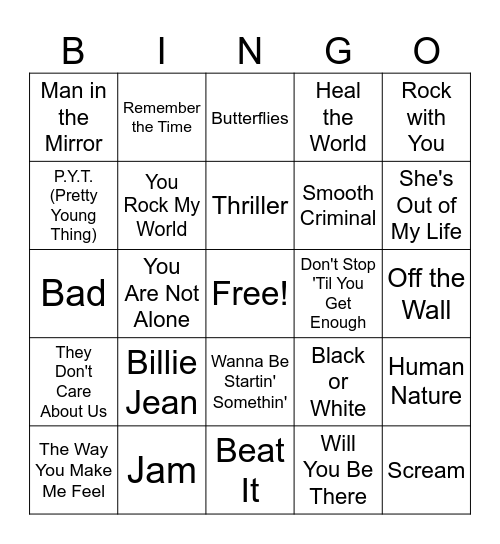 Michael Jackson Bingo Card