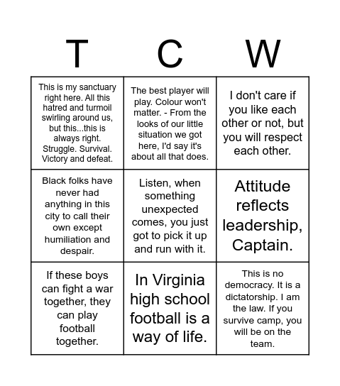 Remember the Titans Bingo Card