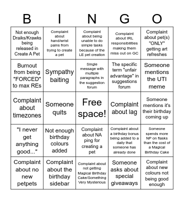 GRUNDO'S CAFE BIRTHDAY CELEBRATION COMPLAINT BINGO EXTRAVAGANZA Bingo Card