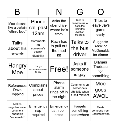 Moe in T.O. Bingo Card