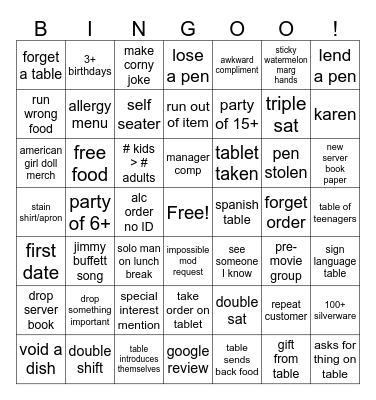 restaurant bingo Card