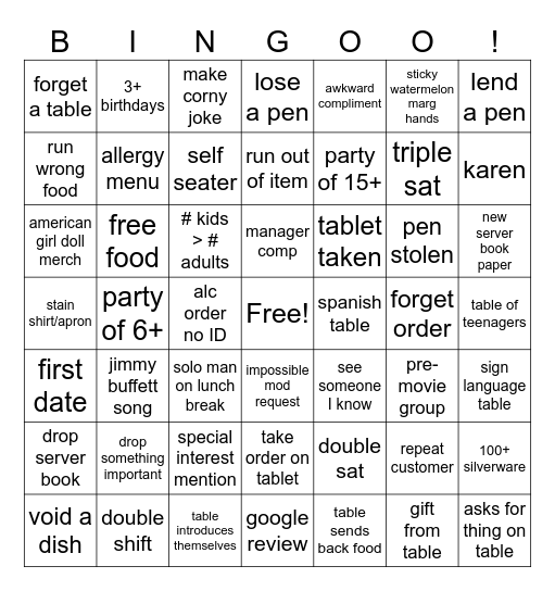 restaurant bingo Card