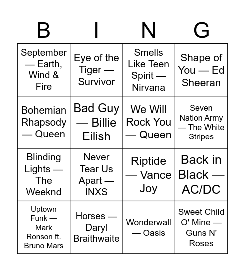 Musical Bingo Card