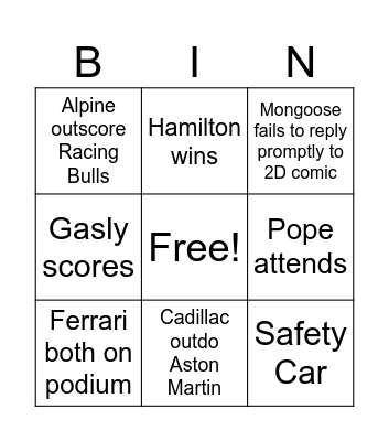 Second Test Version Bingo Card