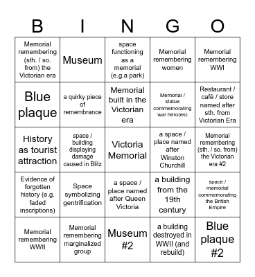 Cultural Memory in London | Bingo Card