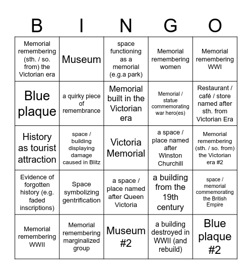 Cultural Memory in London | Bingo Card
