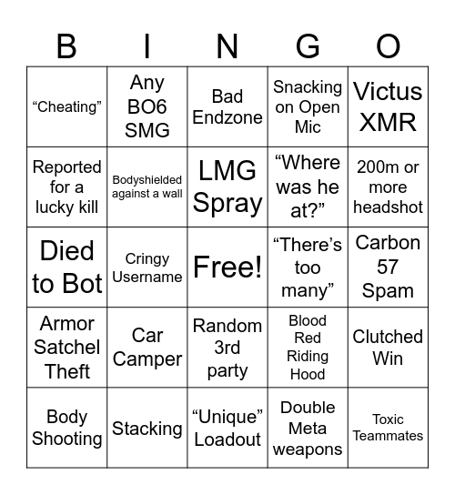COD Warzone Bingo Card