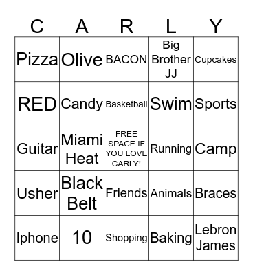 Carly's Birthday Bingo  Bingo Card