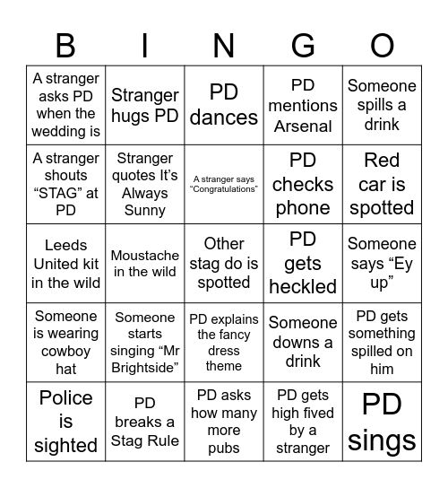 The PD Stag Big Bingo Card