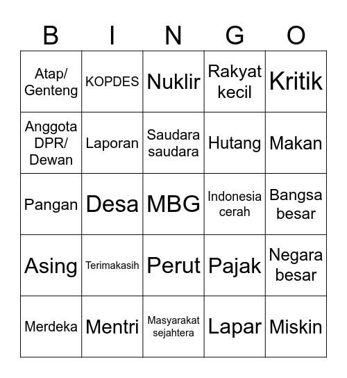 Pidato Bingo Card