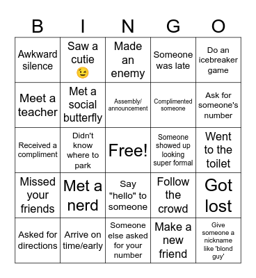 UNIVERSITY FIRST DAY Bingo Card