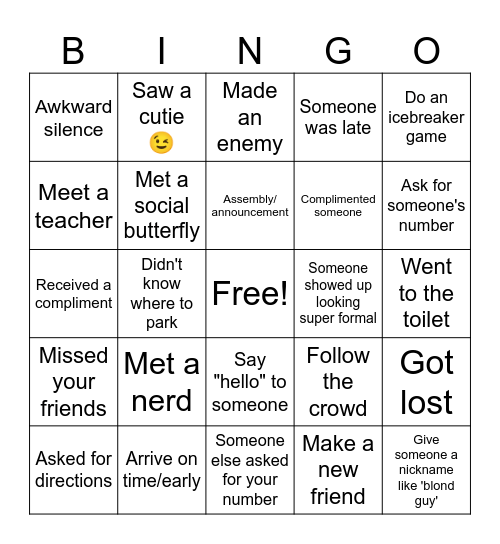 UNIVERSITY FIRST DAY Bingo Card