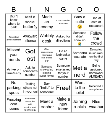 UNIVERSITY FIRST DAY Bingo Card