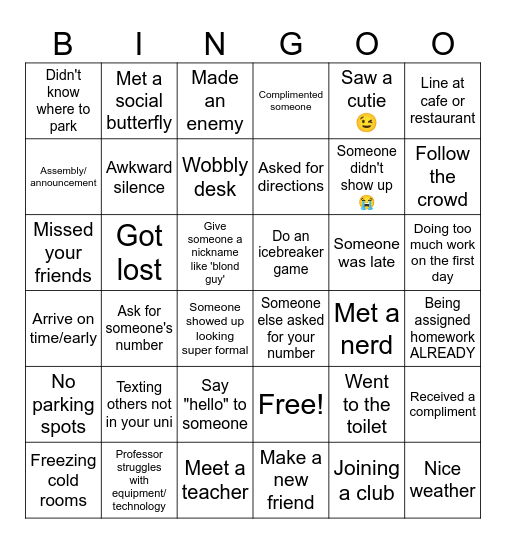 UNIVERSITY FIRST DAY Bingo Card