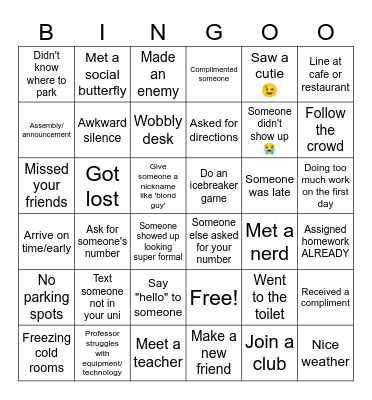 UNIVERSITY FIRST DAY Bingo Card