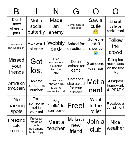 UNIVERSITY FIRST DAY Bingo Card