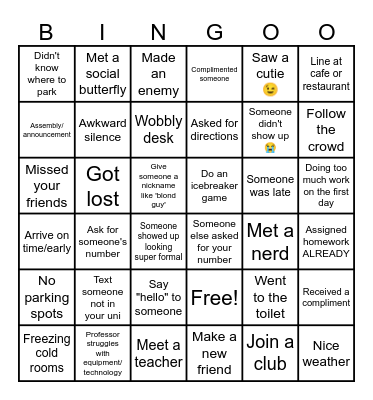 UNIVERSITY FIRST DAY Bingo Card