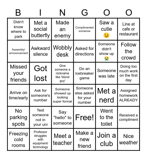 UNIVERSITY FIRST DAY Bingo Card