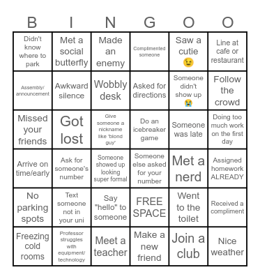 UNIVERSITY FIRST DAY Bingo Card
