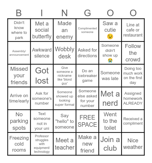 UNIVERSITY FIRST DAY Bingo Card