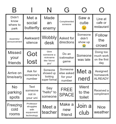 UNIVERSITY FIRST DAY Bingo Card