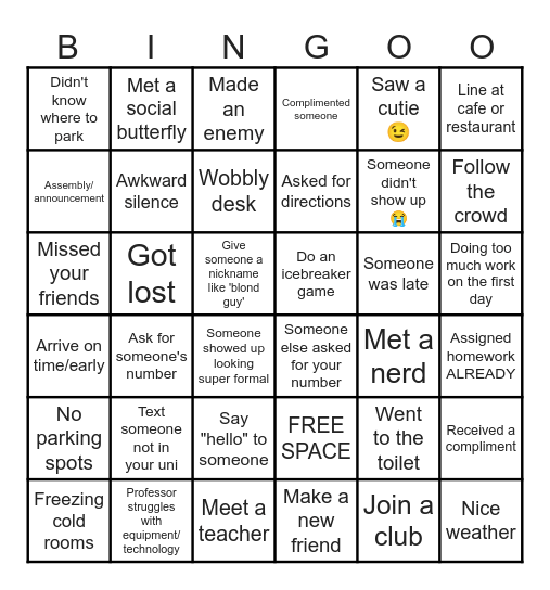 UNIVERSITY FIRST DAY Bingo Card