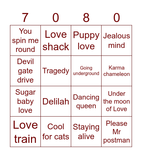 70s80s 50 tracks Bingo Card