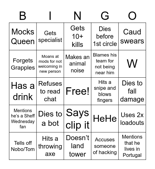 Caudingo Bingo Card