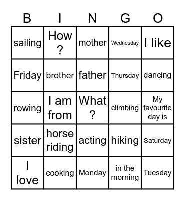 NW1 Pre Unit Bingo Card
