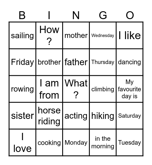 NW1 Pre Unit Bingo Card