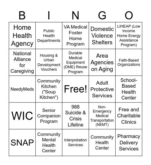 COMMUNITY HEALTH RESOURCE BINGO Card