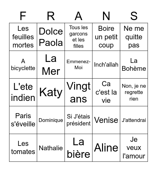 40 franse chansons ( tablet ) Bingo Card