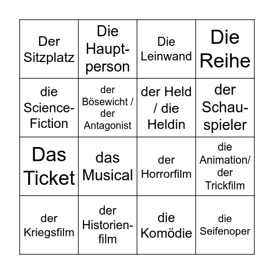 Im Kino läuft ein neuer Film Bingo Card
