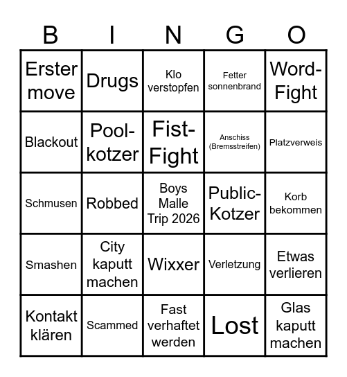 Boys Malle Trip 2026 Bingo Card