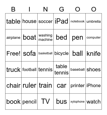 Objects Bingo Card