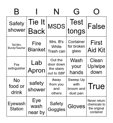 Lab Safety Bingo Card