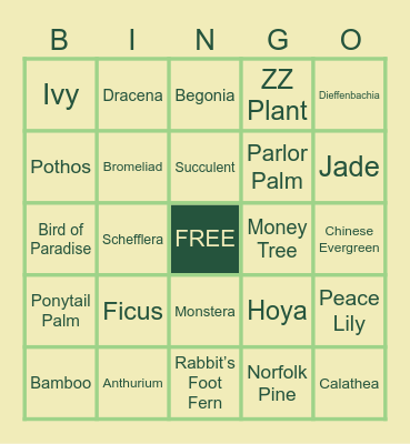Plant Bingo Card
