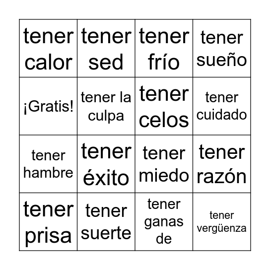 Tener Expressions Bingo Card