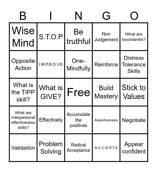 DBT Bingo Card