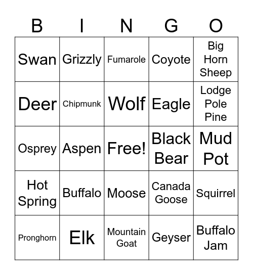 Yellowstone Bingo Card