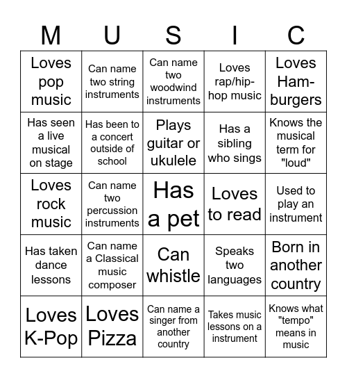 Getting to Know You - Music Edition Bingo Card