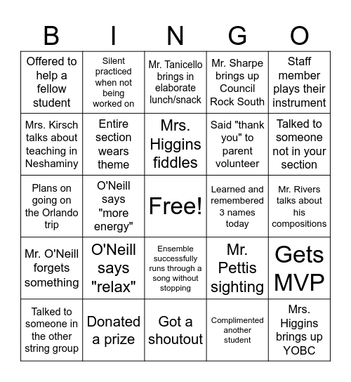 String Camp Bingo Card