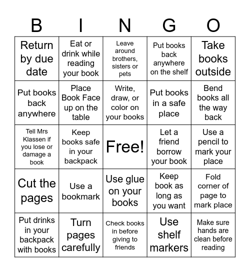 Book Care Bingo Card