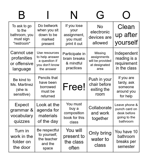 Procedures & Expectations Bingo Card