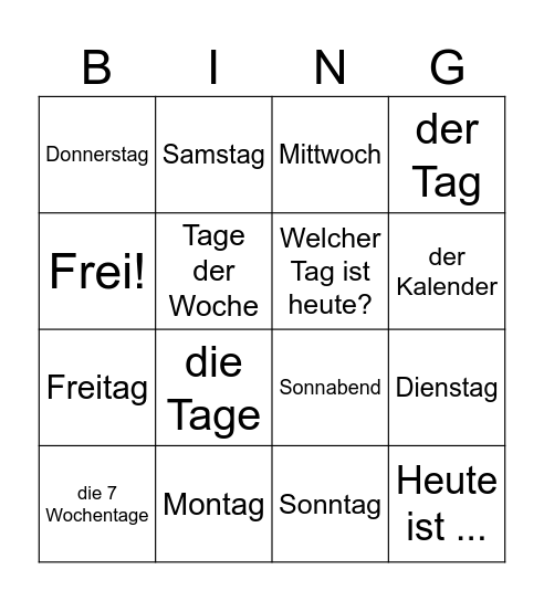 Tage der Woche Bingo Card